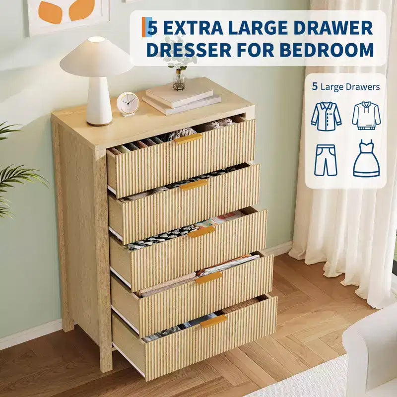 Commode à 5 tiroirs cannelés en chêne / chêne et frêne – Commode haute et étroite pour 1 personne, 80 cm (l) x 114 cm (H)