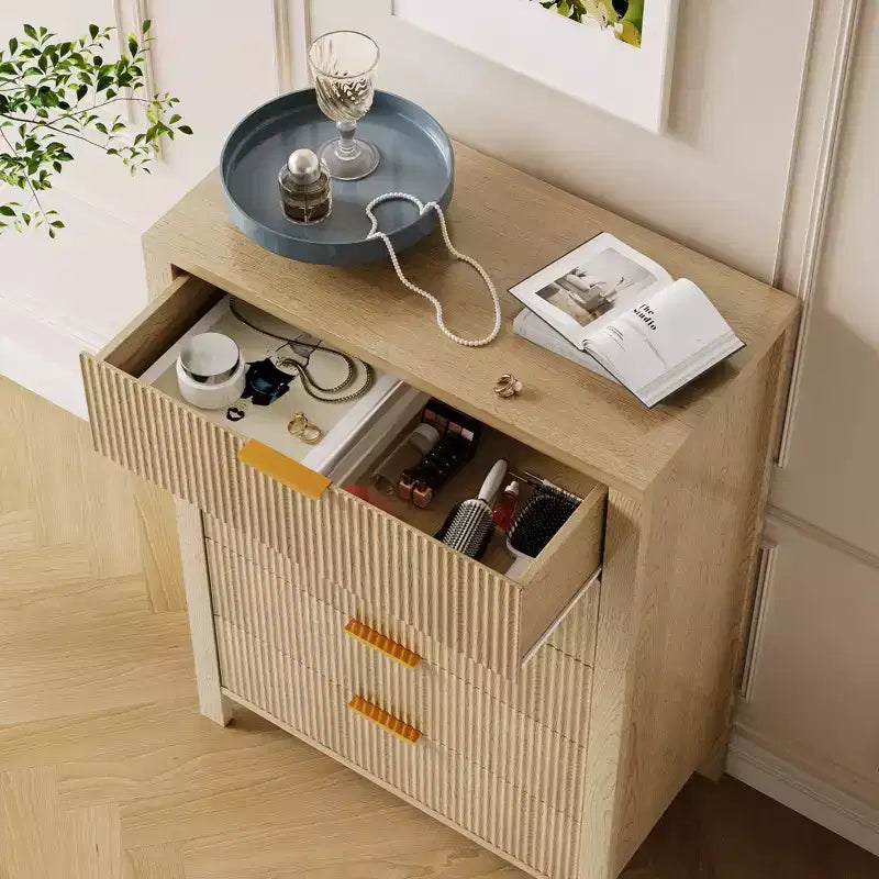Commode à 5 tiroirs cannelés en chêne / chêne et frêne – Commode haute et étroite pour 1 personne, 80 cm (l) x 114 cm (H)