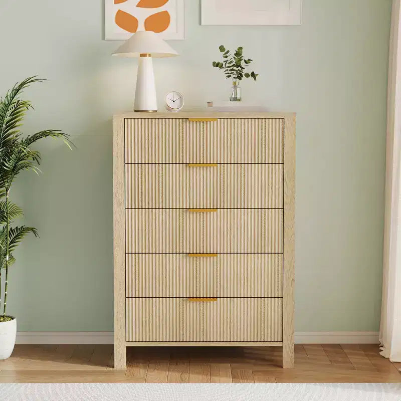 Commode à 5 tiroirs cannelés en chêne / chêne et frêne – Commode haute et étroite pour 1 personne, 80 cm (l) x 114 cm (H)