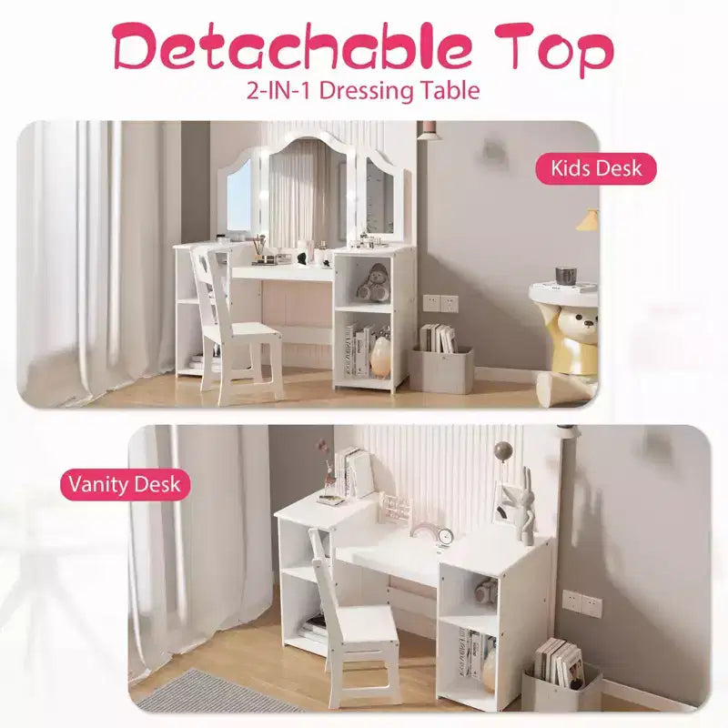 Coiffeuse et chaise pour enfants rose/blanc avec miroir tactile lumineux – 2 pièces, 3 ans et plus