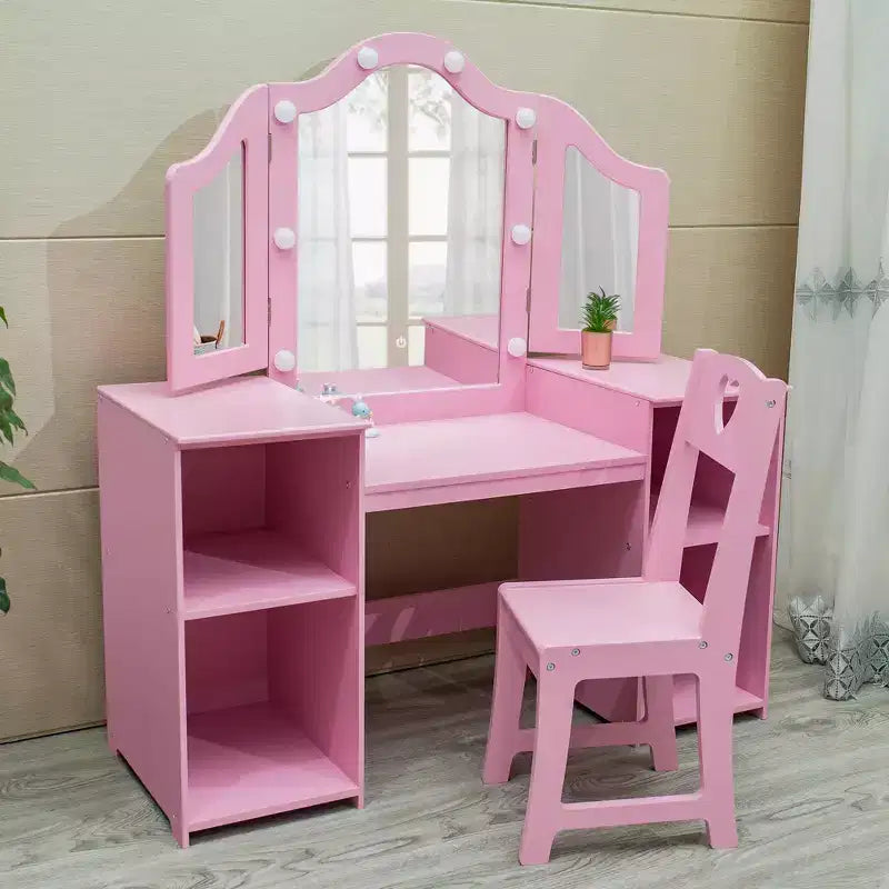 Coiffeuse et chaise pour enfants rose/blanc avec miroir tactile lumineux – 2 pièces, 3 ans et plus