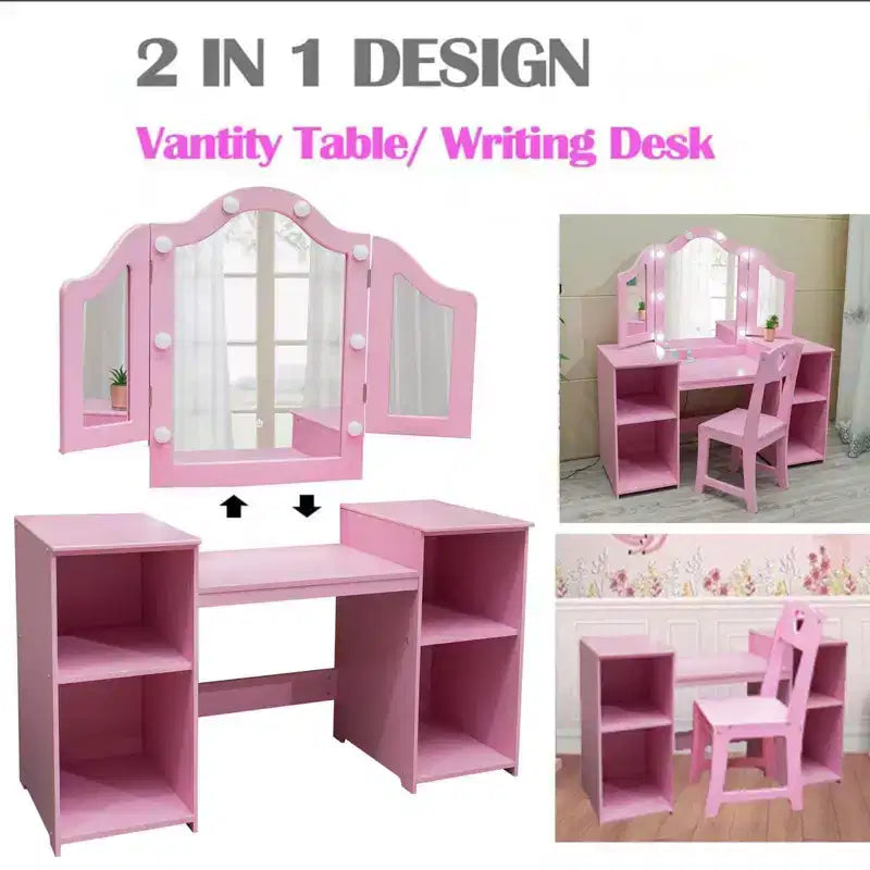 Coiffeuse et chaise pour enfants rose/blanc avec miroir tactile lumineux – 2 pièces, 3 ans et plus