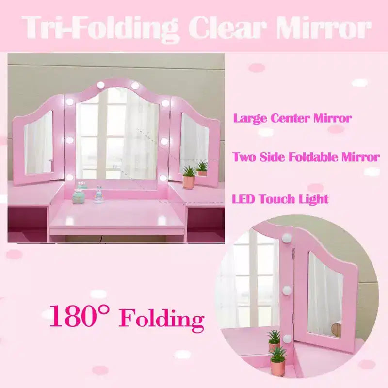 Coiffeuse et chaise pour enfants rose/blanc avec miroir tactile lumineux – 2 pièces, 3 ans et plus