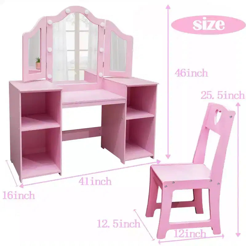 Coiffeuse et chaise pour enfants rose/blanc avec miroir tactile lumineux – 2 pièces, 3 ans et plus