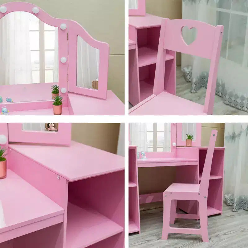 Coiffeuse et chaise pour enfants rose/blanc avec miroir tactile lumineux – 2 pièces, 3 ans et plus