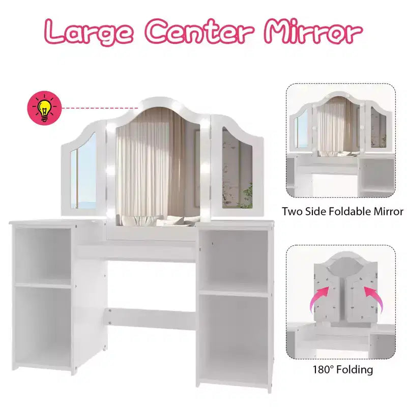 Coiffeuse et chaise pour enfants rose/blanc avec miroir tactile lumineux – 2 pièces, 3 ans et plus