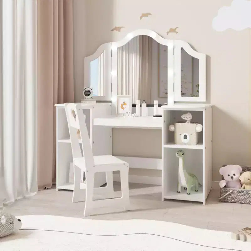 Coiffeuse et chaise pour enfants rose/blanc avec miroir tactile lumineux – 2 pièces, 3 ans et plus