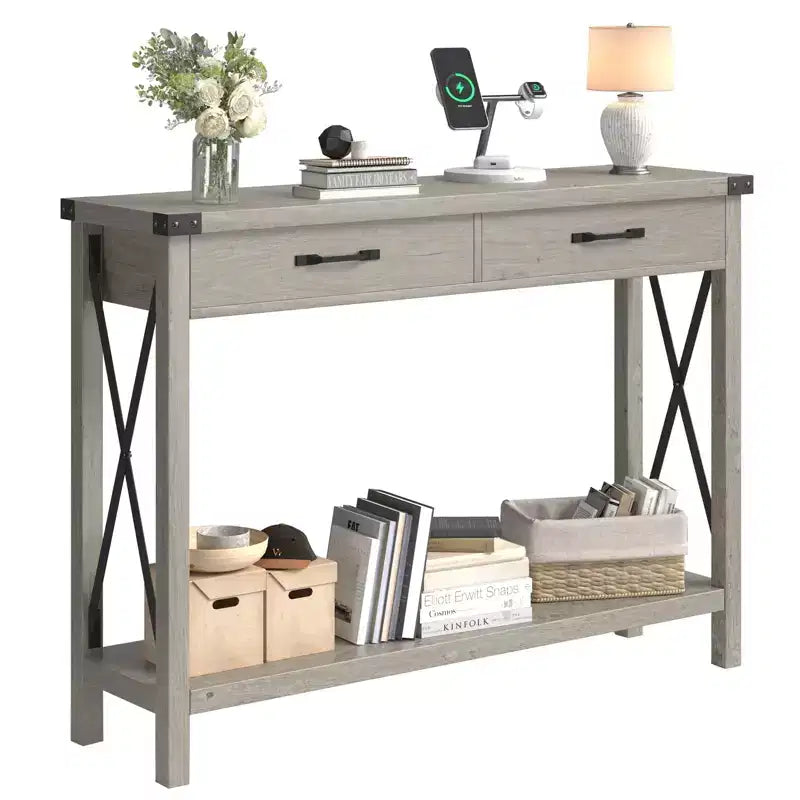 Console Gris avec 2 Tiroirs, Pieds en X Métal, Étagère Ouverte – 110x30x80cm, Utilisation 1 Personne