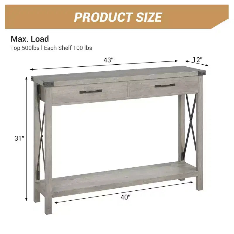 Console Gris avec 2 Tiroirs, Pieds en X Métal, Étagère Ouverte – 110x30x80cm, Utilisation 1 Personne