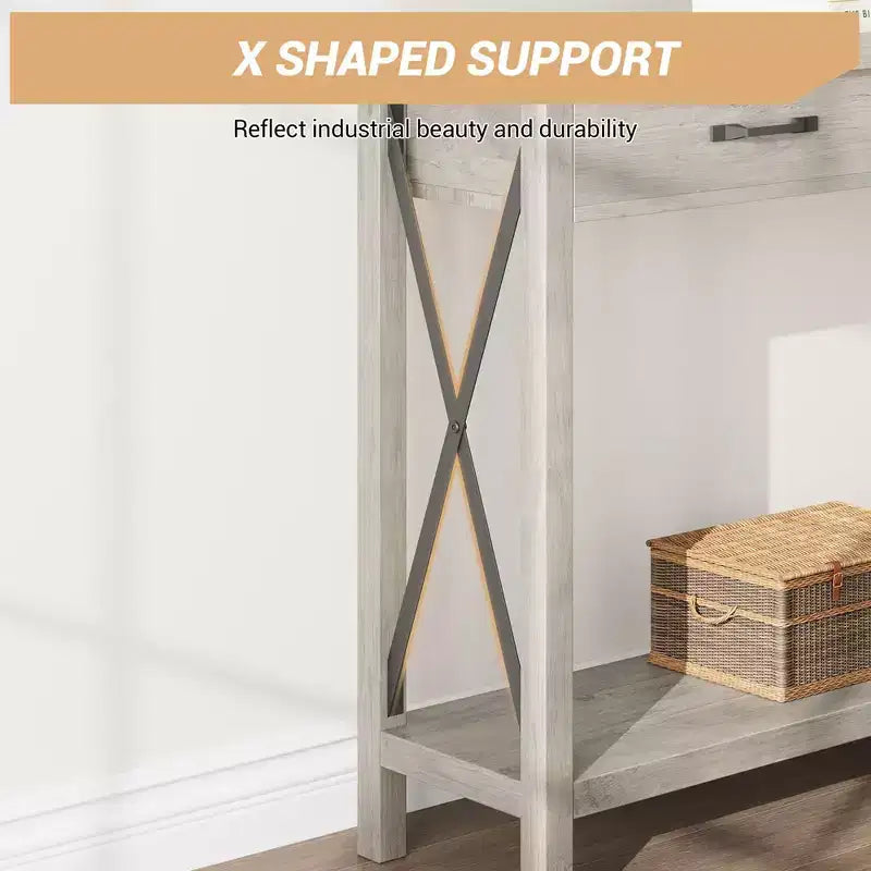 Console Gris avec 2 Tiroirs, Pieds en X Métal, Étagère Ouverte – 110x30x80cm, Utilisation 1 Personne