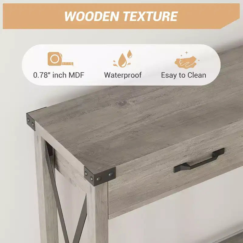 Console Gris avec 2 Tiroirs, Pieds en X Métal, Étagère Ouverte – 110x30x80cm, Utilisation 1 Personne