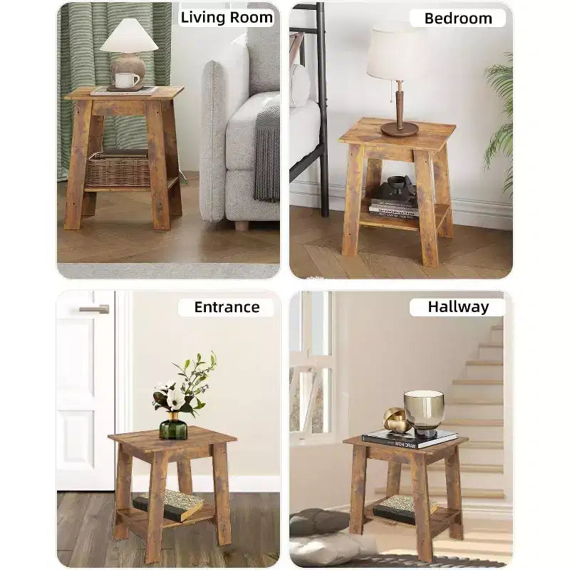 Table d'appoint marron rustique à 2 étages – Étagère ouverte, usage unique