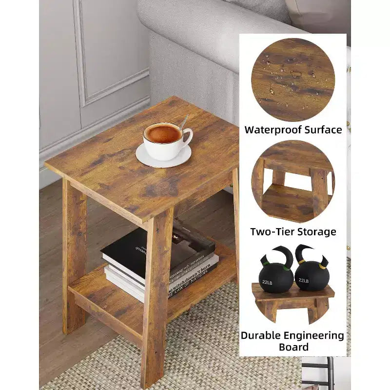 Table d'appoint marron rustique à 2 étages – Étagère ouverte, usage unique
