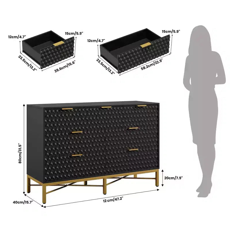 Commode noire à 7 tiroirs, Grande commode de rangement – Style moderne minimaliste