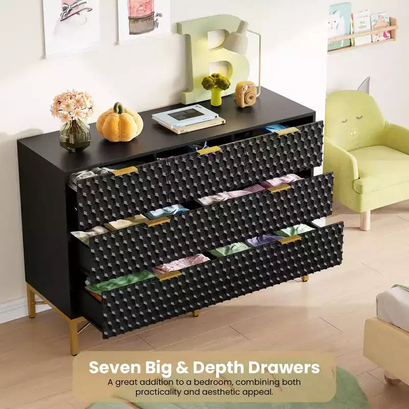 Commode noire à 7 tiroirs, Grande commode de rangement – Style moderne minimaliste