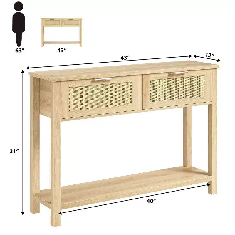 Console en rotin marron, 109 cm de large, 2 tiroirs et étagère ouverte – Entrée / Derrière un canapé