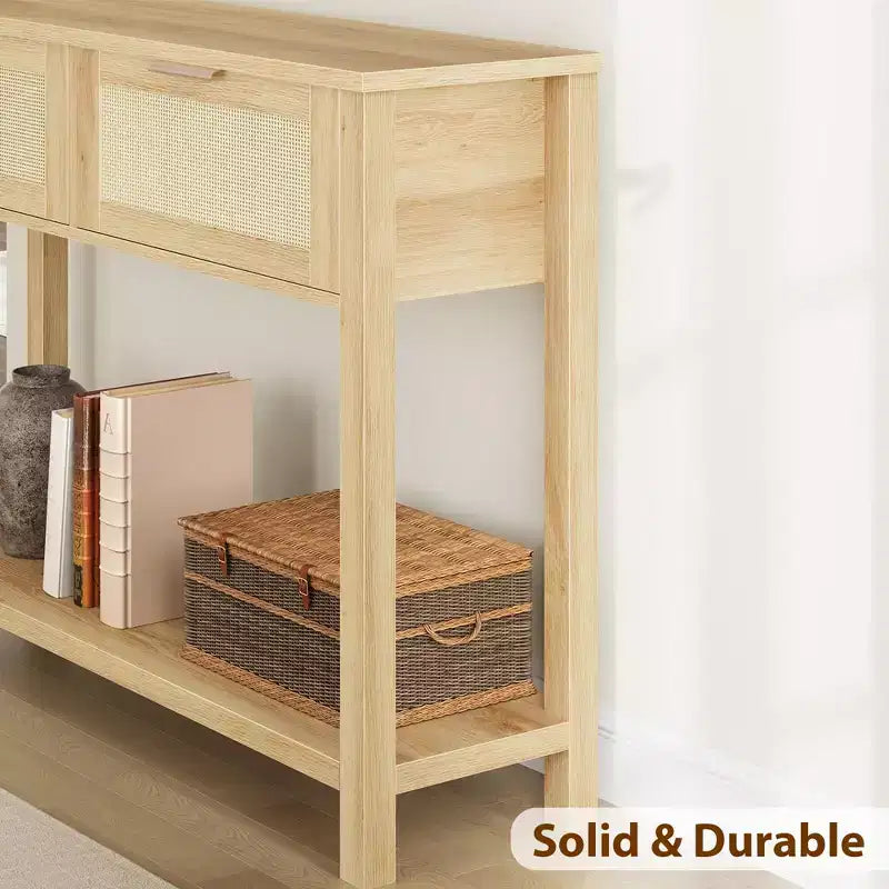 Console en rotin marron, 109 cm de large, 2 tiroirs et étagère ouverte – Entrée / Derrière un canapé