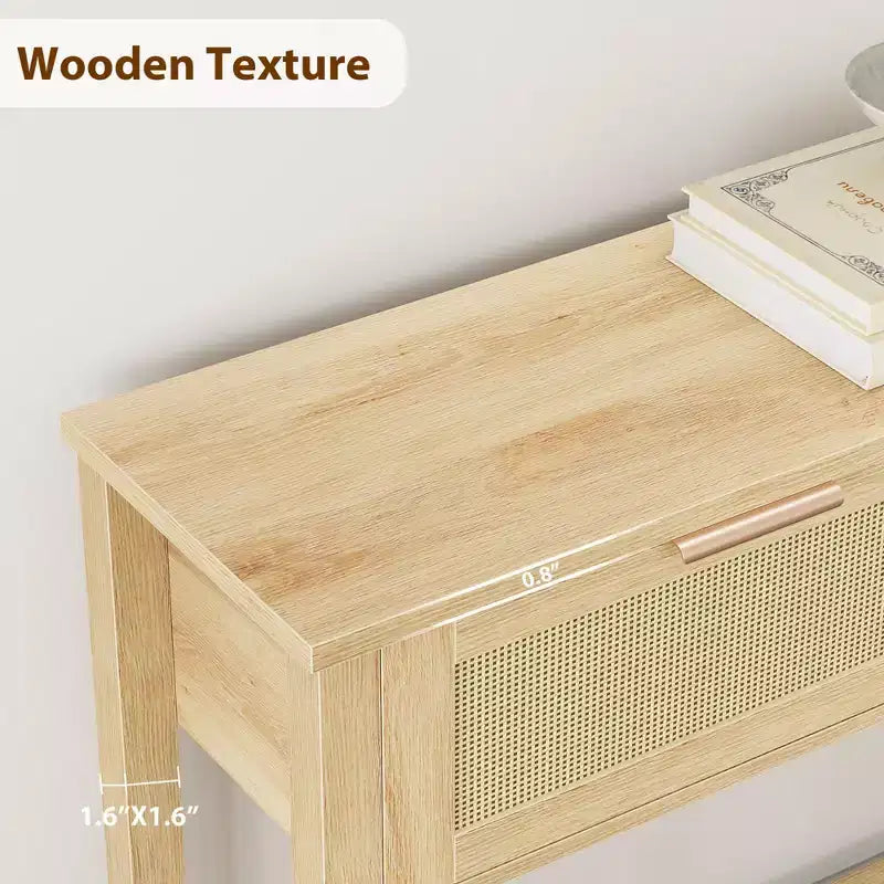 Console en rotin marron, 109 cm de large, 2 tiroirs et étagère ouverte – Entrée / Derrière un canapé
