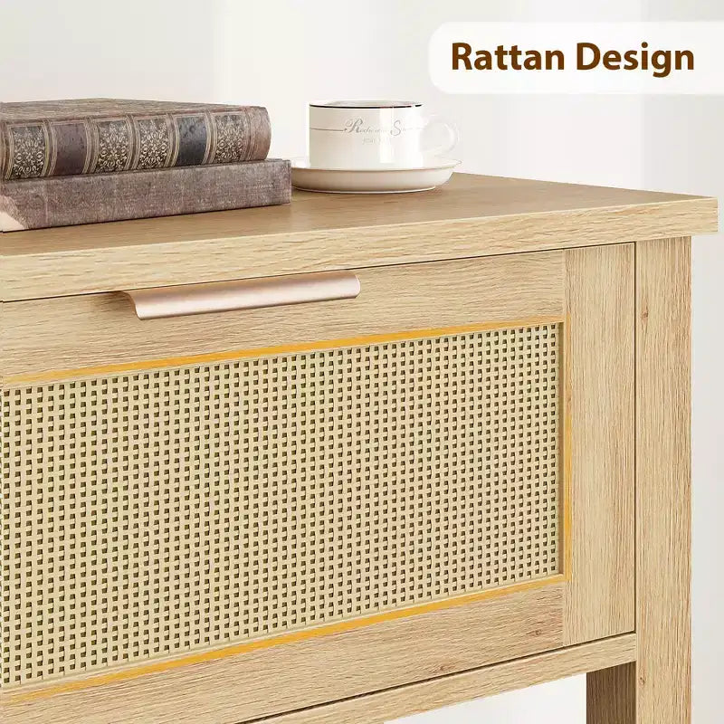 Console en rotin marron, 109 cm de large, 2 tiroirs et étagère ouverte – Entrée / Derrière un canapé