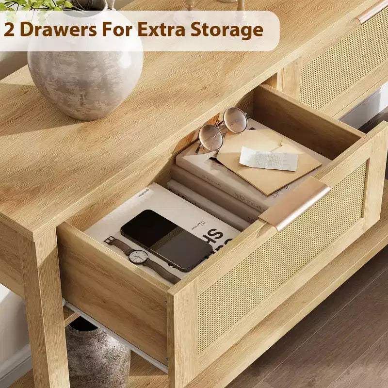 Console en rotin marron, 109 cm de large, 2 tiroirs et étagère ouverte – Entrée / Derrière un canapé
