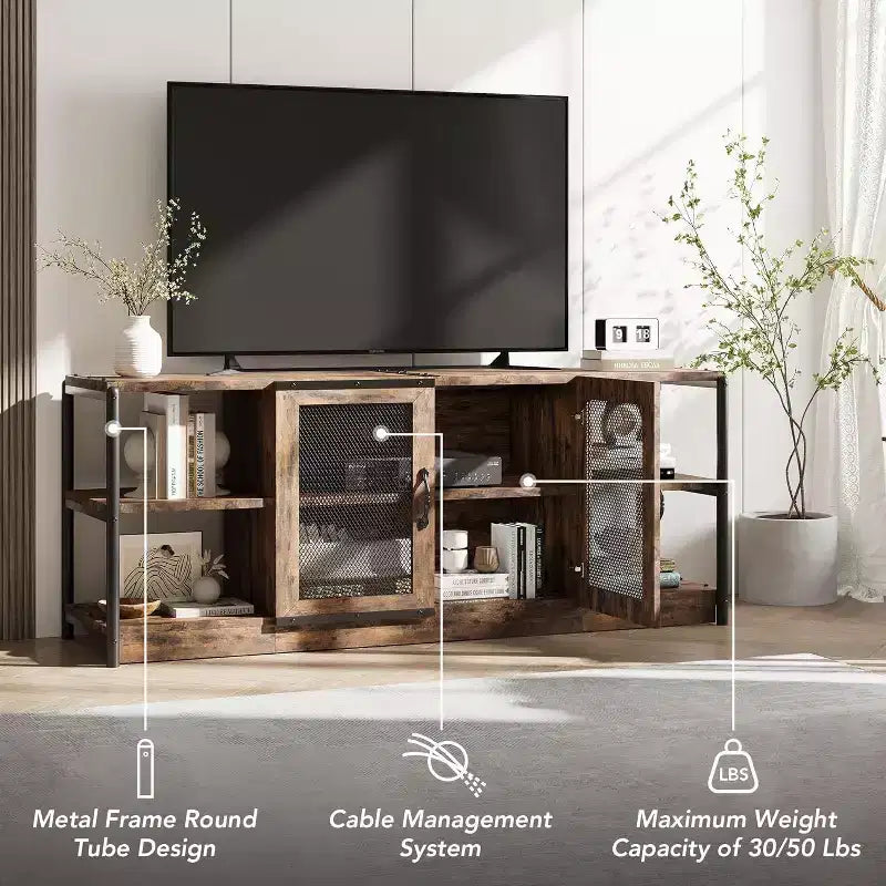 Meuble TV de ferme 63 po – Rouge brunâtre / Chêne foncé / Gris / Couleur rétro – Convient aux téléviseurs jusqu'à 75 po