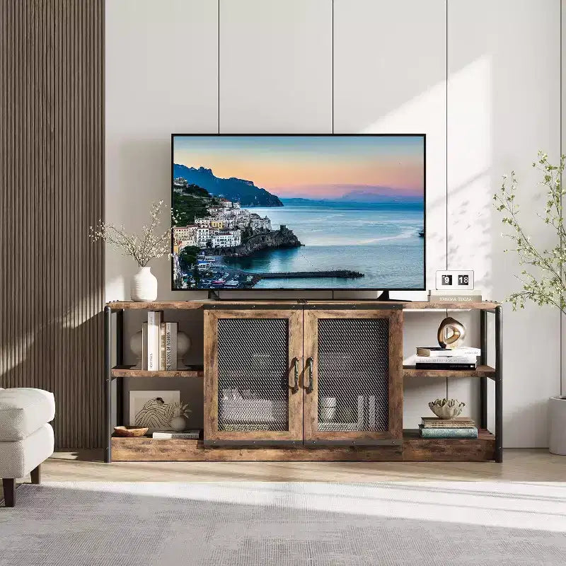 Meuble TV de ferme 63 po – Rouge brunâtre / Chêne foncé / Gris / Couleur rétro – Convient aux téléviseurs jusqu'à 75 po