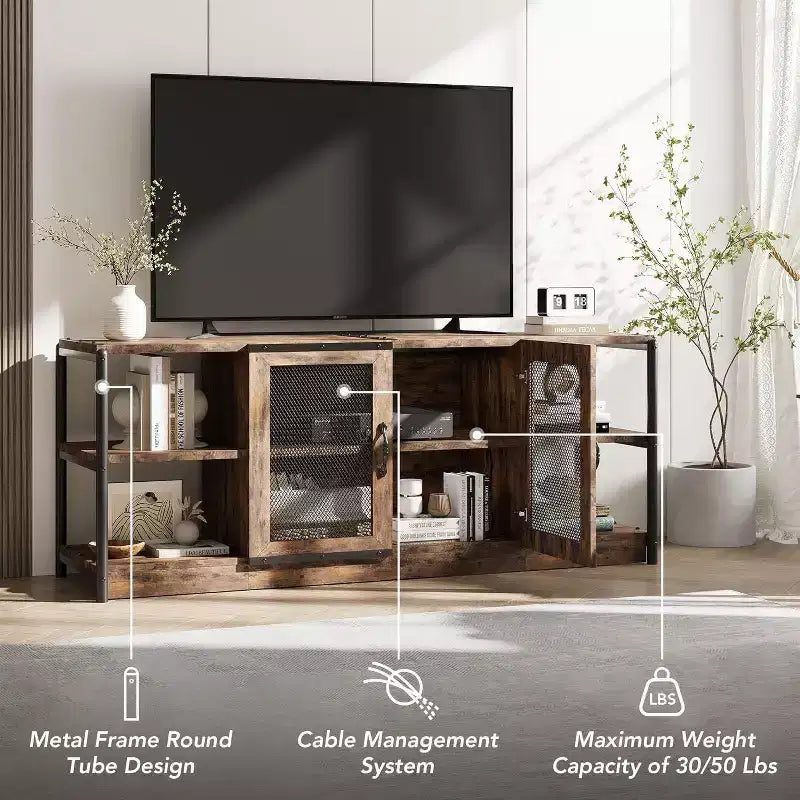Meuble TV de ferme 63 po – Rouge brunâtre / Chêne foncé / Gris / Couleur rétro – Convient aux téléviseurs jusqu'à 75 po
