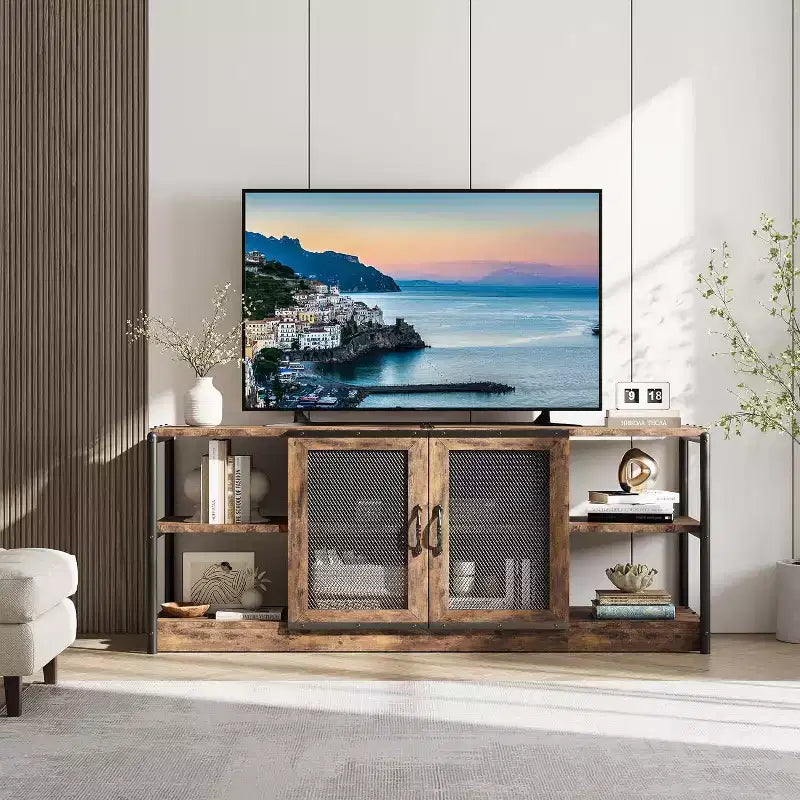Meuble TV de ferme 63 po – Rouge brunâtre / Chêne foncé / Gris / Couleur rétro – Convient aux téléviseurs jusqu'à 75 po