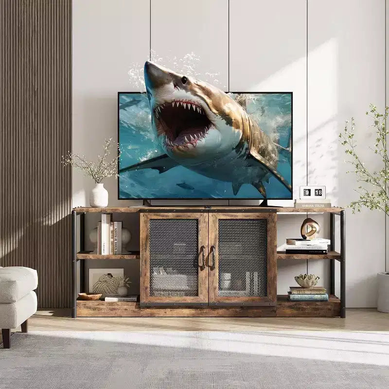 Meuble TV de ferme 63 po – Rouge brunâtre / Chêne foncé / Gris / Couleur rétro – Convient aux téléviseurs jusqu'à 75 po