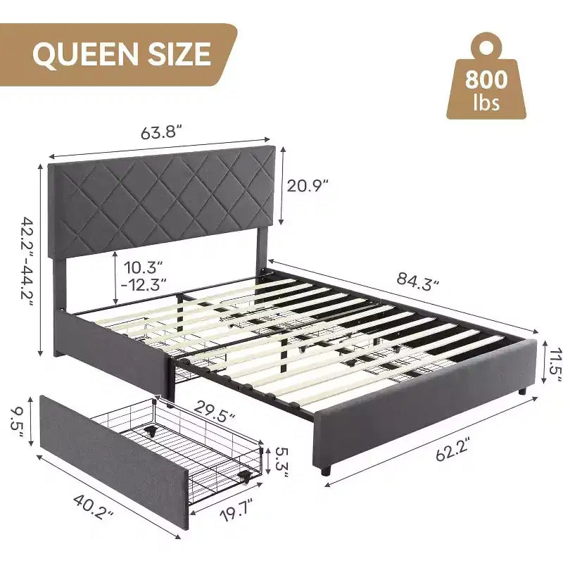Lit plateforme queen en velours gris – Tête de lit réglable et rangement 4 tiroirs, pour 1 personne