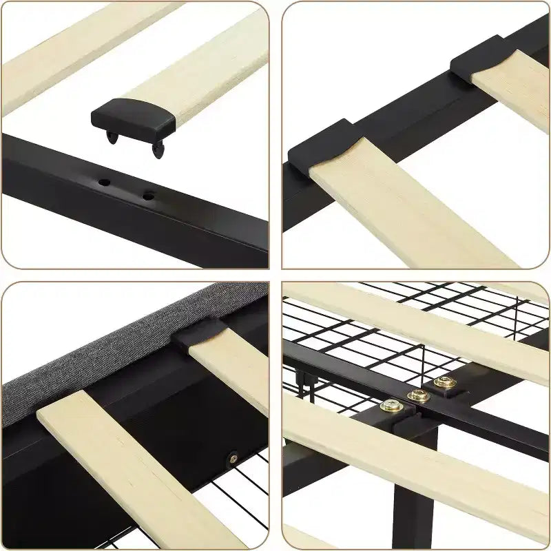 Lit plateforme queen en velours gris – Tête de lit réglable et rangement 4 tiroirs, pour 1 personne