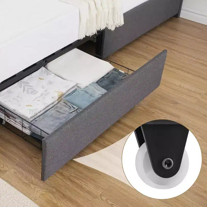 Lit plateforme queen en velours gris – Tête de lit réglable et rangement 4 tiroirs, pour 1 personne