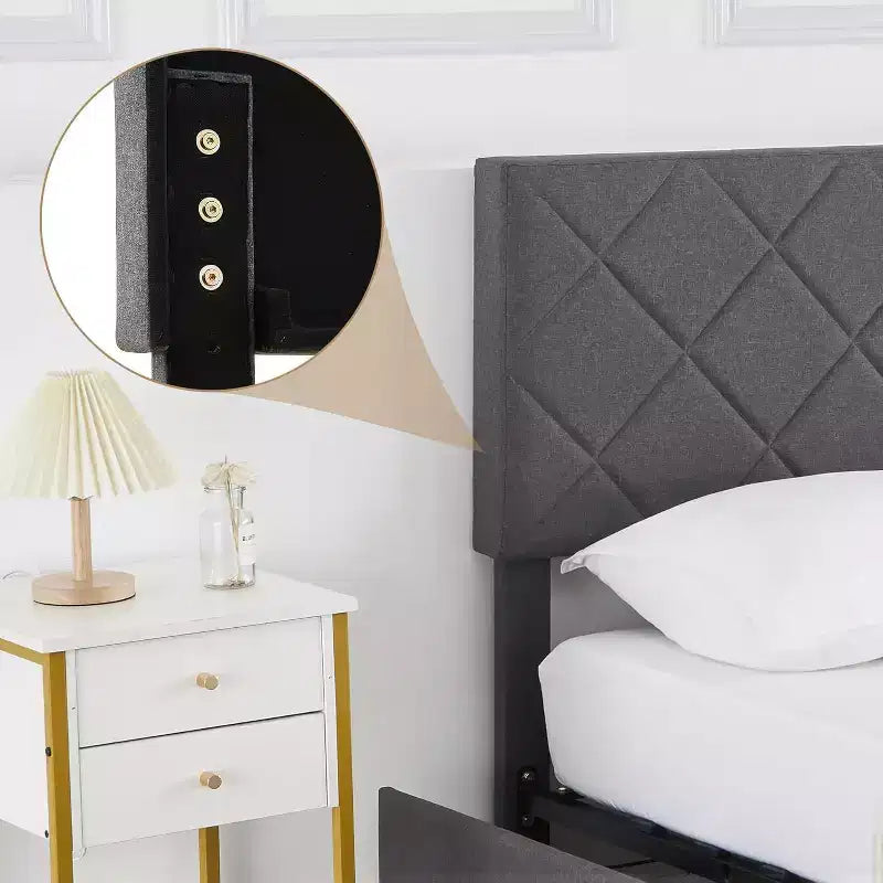 Lit plateforme queen en velours gris – Tête de lit réglable et rangement 4 tiroirs, pour 1 personne