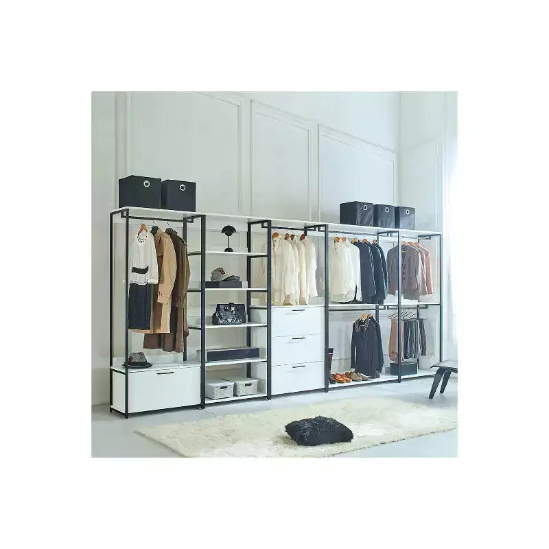 Système d'organisation de placard de plain-pied, blanc et noir, 6 étagères, modulaire, montage par 1 personne