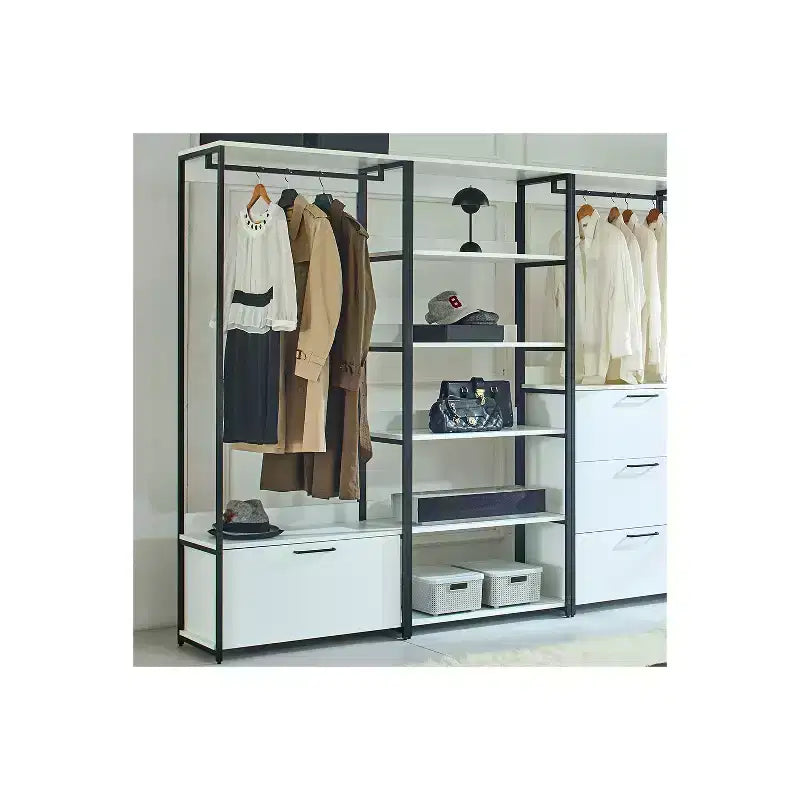Système d'organisation de placard de plain-pied, blanc et noir, 6 étagères, modulaire, montage par 1 personne
