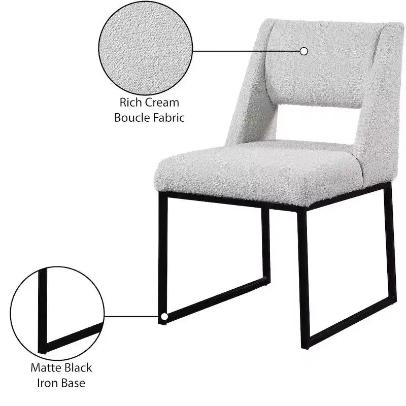 Chaise de salle à manger en bouclette crème, cadre en fer noir, lot de 2