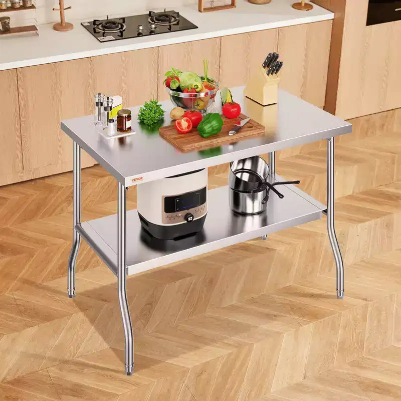 Table de préparation pliable en acier inoxydable argenté, 122 x 76 cm, 2 étagères, pour 1 utilisateur
