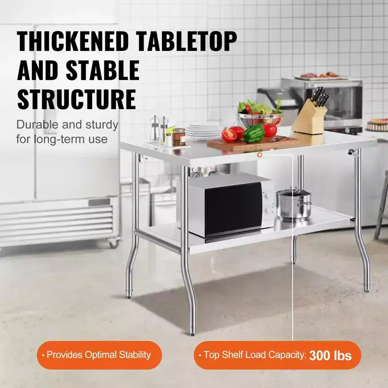 Table de préparation pliable en acier inoxydable argenté, 122 x 76 cm, 2 étagères, pour 1 utilisateur