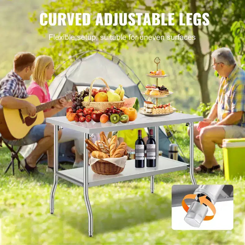 Table de préparation pliable en acier inoxydable argenté, 122 x 76 cm, 2 étagères, pour 1 utilisateur