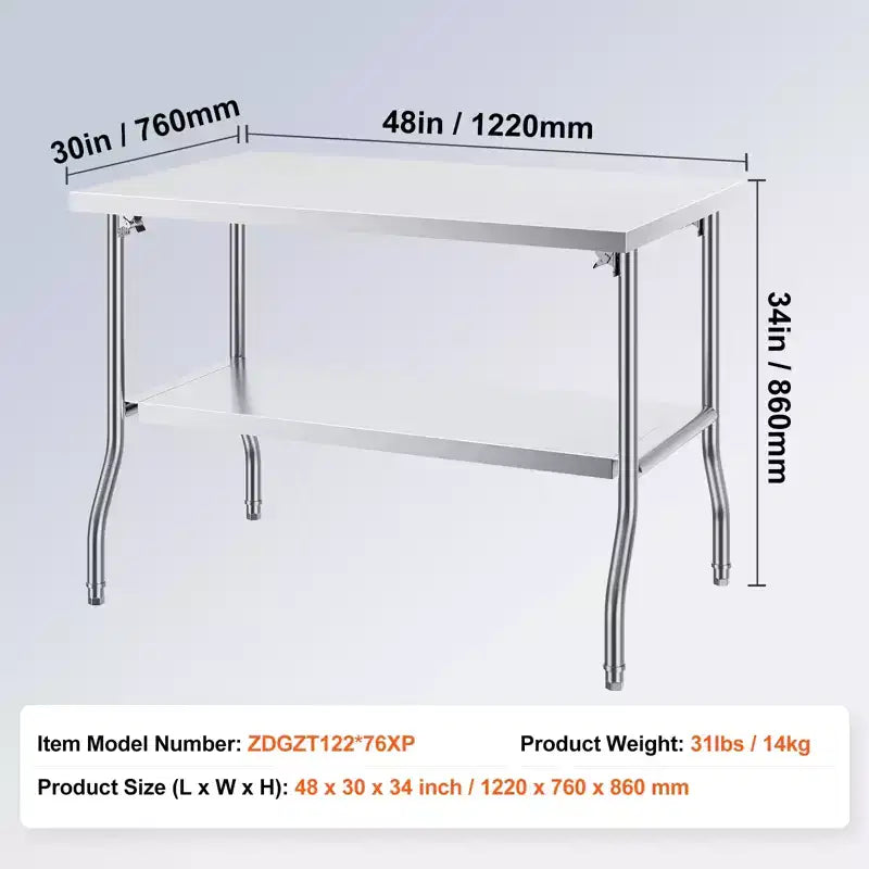 Table de préparation pliable en acier inoxydable argenté, 122 x 76 cm, 2 étagères, pour 1 utilisateur