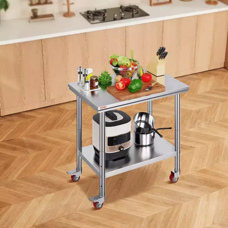 Table de travail en acier inoxydable argenté 35"×24"×33", 2 étagères, 4 roulettes, 1 personne
