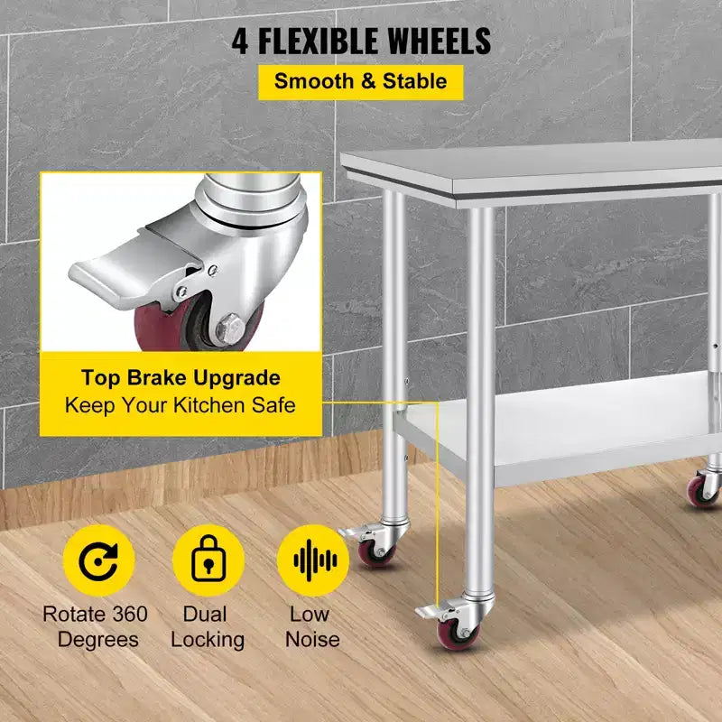 Table de travail en acier inoxydable argenté 35"×24"×33", 2 étagères, 4 roulettes, 1 personne