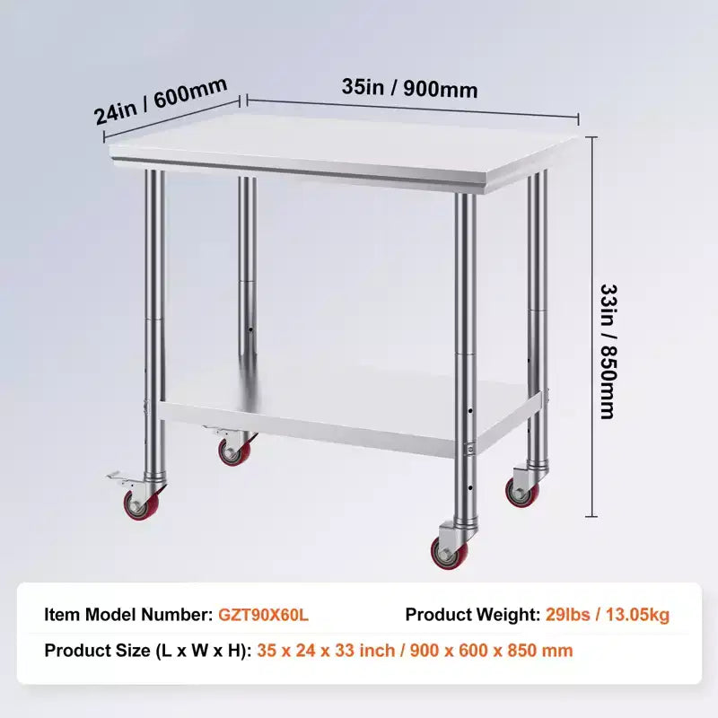 Table de travail en acier inoxydable argenté 35"×24"×33", 2 étagères, 4 roulettes, 1 personne