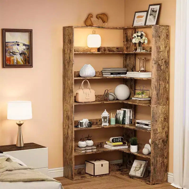 Étagère d'angle en forme de L à 6 niveaux Marron/Blanc, Style Industriel, pour 1