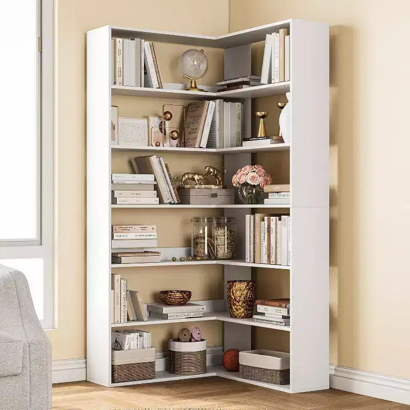 Étagère d'angle en forme de L à 6 niveaux Marron/Blanc, Style Industriel, pour 1