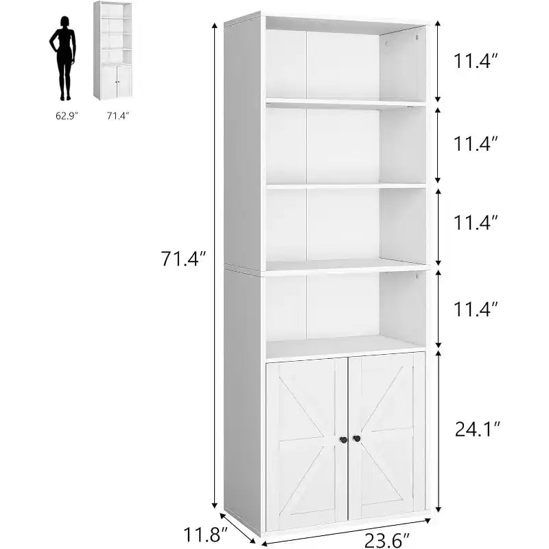 Bibliothèque en bois blanc avec portes – Style fermier, 4 étagères, simple