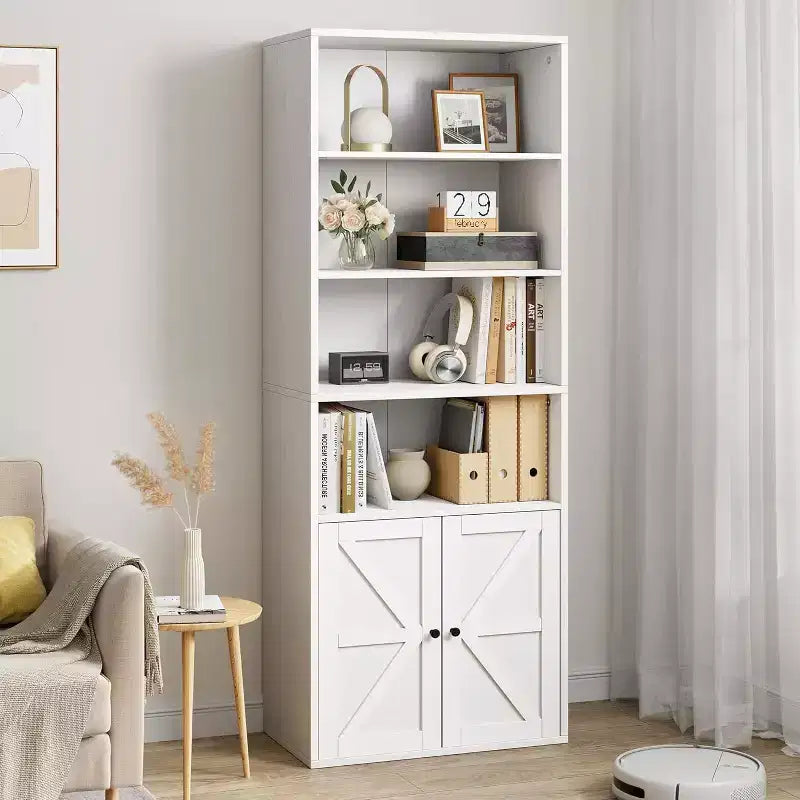 Bibliothèque en bois blanc avec portes – Style fermier, 4 étagères, simple