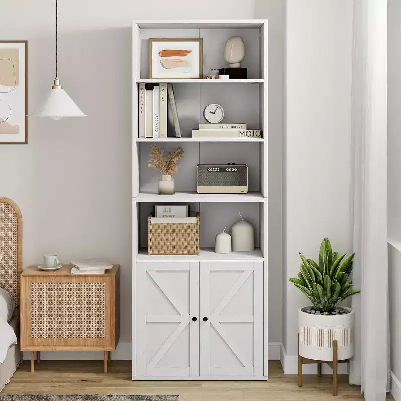 Bibliothèque en bois blanc avec portes – Style fermier, 4 étagères, simple