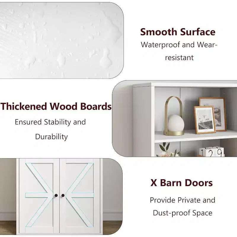 Bibliothèque en bois blanc avec portes – Style fermier, 4 étagères, simple