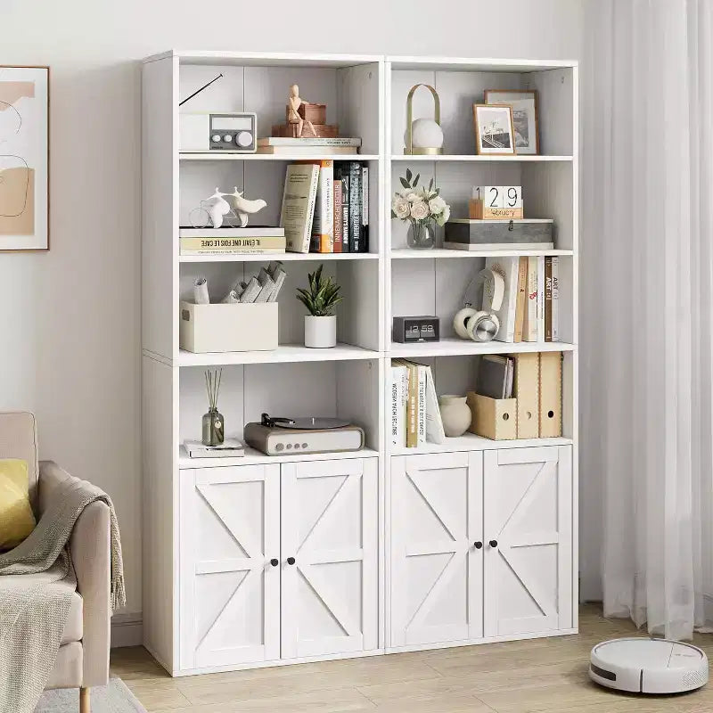 Bibliothèque en bois blanc avec portes – Style fermier, 4 étagères, simple